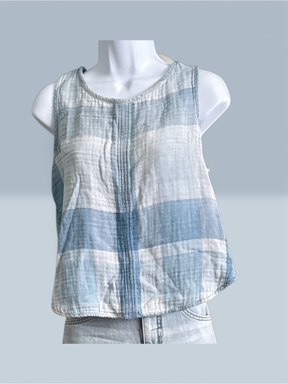 Light Blue & White Striped Sleeveless Linen-Blend Top - Picture 5 of 7